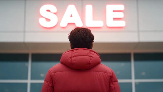 Person Red Jacket Sale Shopping Discount Store Retail Winter Outdoor Consumer Standing Looking Signage, Anticipating Seasonal Shopping Deals, Fashion Modern Urban Glass Building, Promotion