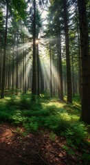 Obraz premium Sunlight filtering through a dense forest, creating a serene and enchanting atmosphere