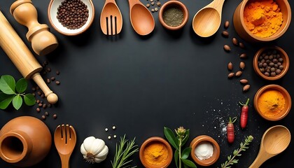 Flat lay of wooden kitchenware and ingredients on a black background, Cooking Background Template With Copy Space, created with generative ai