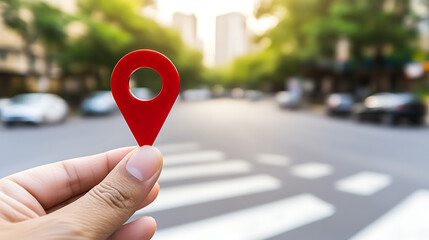Hand holding red location pin in city street