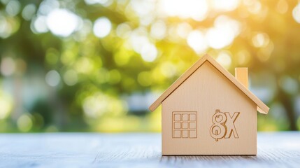 Wooden house model on table with green bokeh background