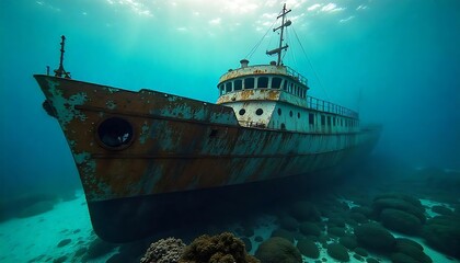 Rusted shipwreck in disrepair underwater, Rusty ship, shipwreck, abandoned herring factory, created with generative ai