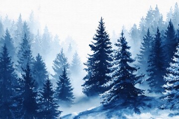 Winter Wonderland Graphic. Watercolor Hand Painted Illustration of Night Christmas Forest