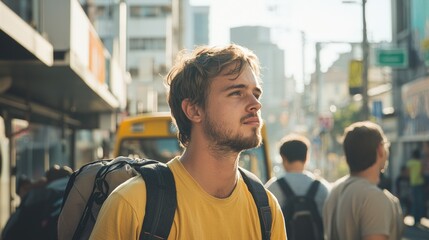 Young man contemplating city life