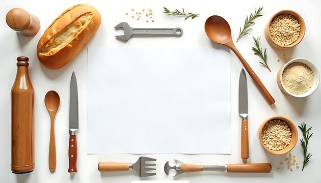 Kitchen Utensils and Cooking Accessories Arranged on Blue Background, flat lay of kitchen utensils on white, created with generative ai - Powered by Adobe