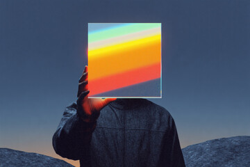 Surreal conceptual portrait of person holding colorful reflective square obscuring face against dark sky