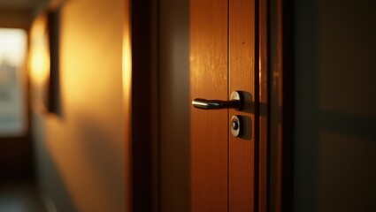 Obraz premium Wooden door with a metallic handle in the sunlight.