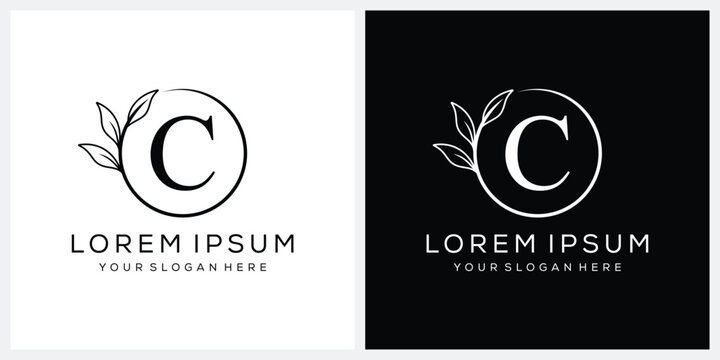 Initial letter C serif font logo design, cosmetics fashion and beauty graphic vector, leaves icon concept