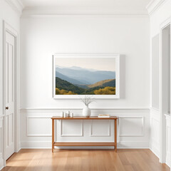 blank wall frame mockup in stylish entryway interior featuring painted wainscoting and eclectic decor creating perfect space for artwork display ideal for artists and designers showcasing canvas art