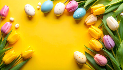 Easter eggs tulips yellow background.