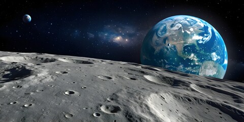 View of earth from the moon s surface with the moon in the foreground
