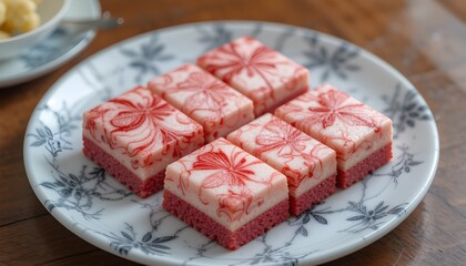 Traditional kueh lapis dessert with red and white frosting patterns on marble plate.
