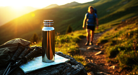 Water Bottle and Hiking Gear on a Mountain Trail