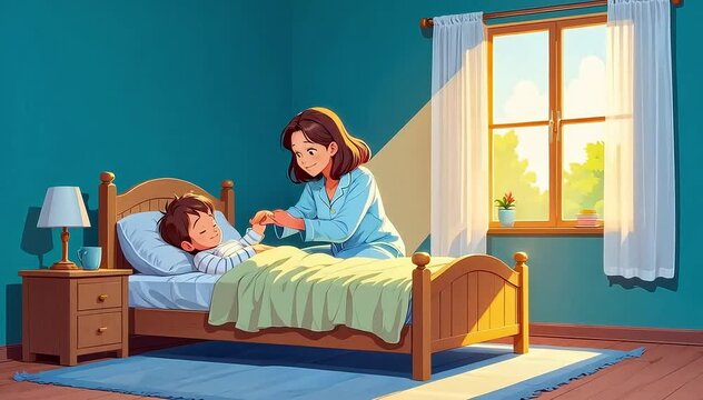 Animated illustration of a loving mother caring for her sick child resting in a sunlit bedroom
