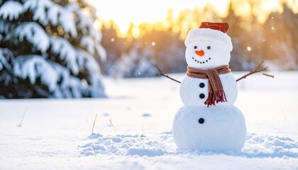 Obraz premium Happy new year celebration with a fun cartoon snowman in a winter landscape with a hat and scarf, decorated with snowflakes and a Christmas tree