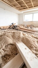 Renovation debris fills an interior room, highlighting the raw materials and unfinished state of a home improvement project. Sawdust and wood planks create a textured scene.