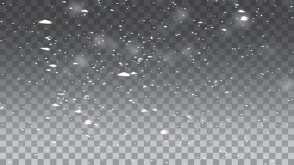 Glittering snowflakes in mid air on transparent background. Snow overlay effects creating a peaceful winter ambiance. White snow layers and frosty particles in vector format