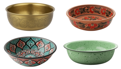 A collection of decorative bowls in various designs and colors, artistic kitchen utensils, bright decor, isolated image without a background in png format. place for the text