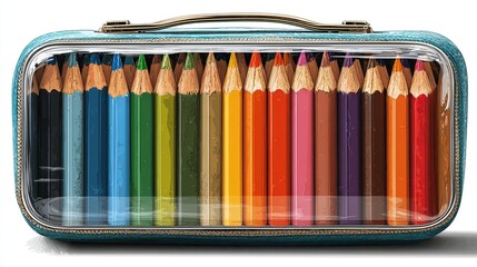 A clear-topped case reveals a vibrant array of colored pencils, perfectly aligned for creative expression