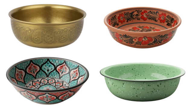 A collection of decorative bowls in various designs and colors, artistic kitchen utensils, bright decor, isolated image without a background in png format. place for the text