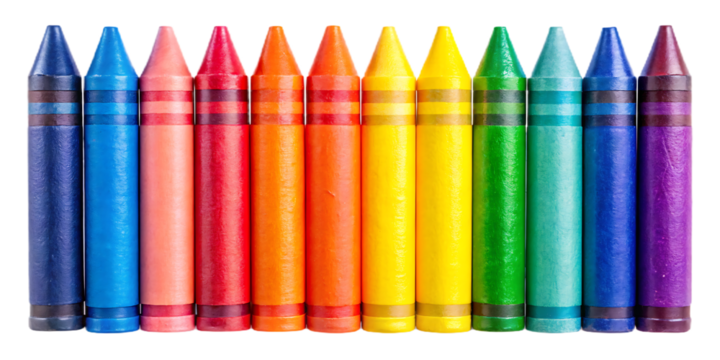 A row of twelve colorful wax crayons aligned upright in a spectrum of colors from blue to purple isolated on a transparent background - Powered by Adobe