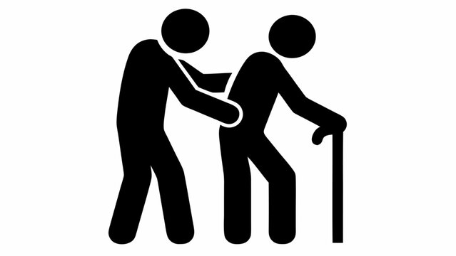 Person assisting an elderly individual with a cane, showing support and care in a simple black silhouette