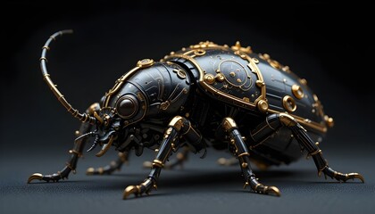Detailed Mechanical Beetle with Gold and Black Accents
