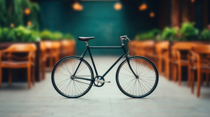 Conscious consumerism concept, A bicycle stands in a cozy café setting surrounded by wooden chairs and greenery.