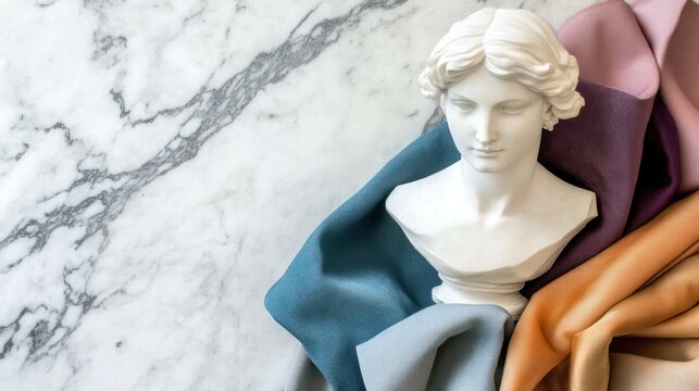 Serene Marble Backdrop with Classical Bust and Draped Fabrics - Powered by Adobe