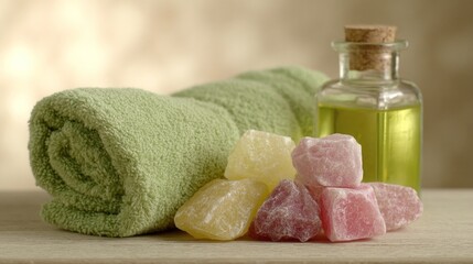Aromatic spa sanctuary with pastel chakra stones and verdant towel, perfect for Global Wellness Day or Hygge indulgence