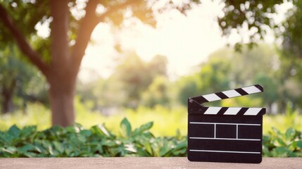 Film clapperboard amidst sun-dappled foliage, echoes of indie filmmaking spirit, celebrating World Cinema Day and Nature Conservation Week