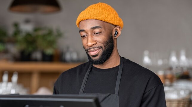 African-American man with cheerful expression, cozy cafe ambiance, celebrating Coffee Day, digital nomadism, earbud music immersion vibe