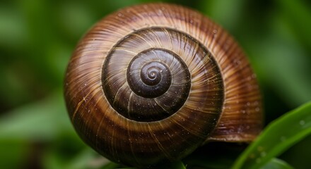 Closeup of a brown spiraling snail shell on green foliage