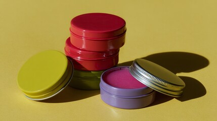 Colorful metal balm tins on mustard canvas, evoking Lunar New Year, skincare ritual, vintage apothecary vibe, spring renewal