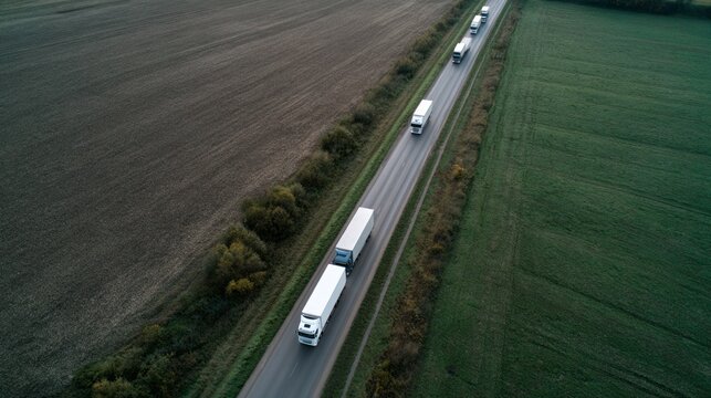 Aerial parade of trucks threading a rural needle during International Transport Month, celebrating logistics and the unsung highway sonnet