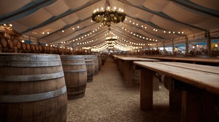 Dimly lit festival tent brims with rustic oak barrels and communal tables, evoking Oktoberfest's vibrant mayhem and medieval revelry
