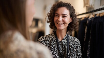 Smiling young woman of Caucasian descent in vintage boutique evokes World Storytelling Day and Small Business Saturday vibrance