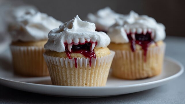 Fanged cupcakes ooze crimson, evoking Halloween mischief and Gothic tea parties, a bizarrely appetizing vampire treat tableau