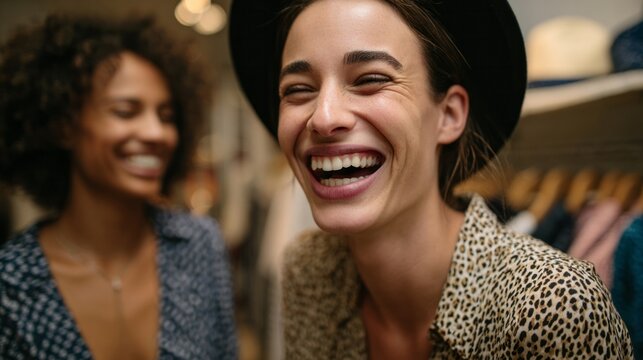 Two women, one Caucasian and one African American, share a joyous laugh under boutique lights, echoing Juneteenth's vibrant freedom