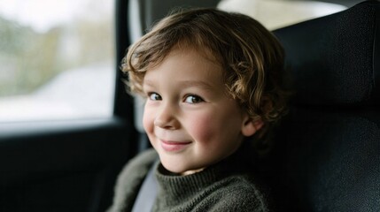 Cheerful young Caucasian boy with curly hair in cozy car seat, exuding a sense of wanderlust and childhood wonder, perfect for International Childrens Day or National Road Trip Day