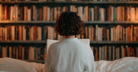 Conscious consumerism concept, A person reading a book in front of a large bookshelf filled with books.