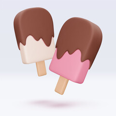 Pink and white Ice cream with chokolate glaze, icon, 3d render. Design elements. Realistic Sweet fast food icon. Vector illustration isolated on white for menu, shop, flyer, banner, web, adv, sale