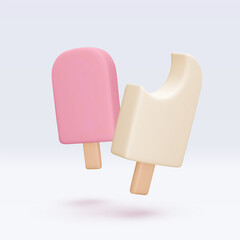 Pink and vanilla Ice cream, icon, 3d render. Design elements. Realistic Sweet fast food icon. Vector illustration isolated on white for menu, shop, flyer, banner, web, adv, sale