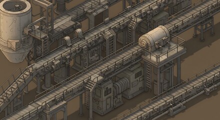 Obraz premium Industrial Plant Isometric Illustration with Conveyor Belts and Machinery