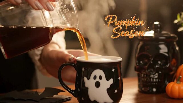 Pumpkin Season coffee pouring into ghost mug. Halloween morning beverage with skull jar and autumn decor. Cozy fall aesthetic with steam and warm lighting.