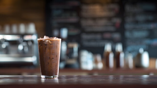 Iced Mocha Drink on Cafe Bar Counter with Blurred Background and Bright Lighting Effects