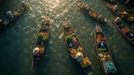A very realistic aerial shot of a lively river with vendors selling vegetables and fruits on boats.