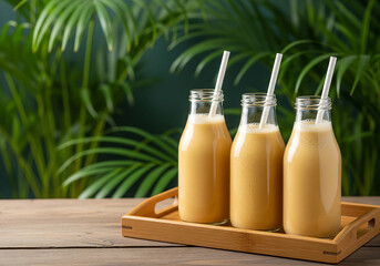 Indonesian Teh Botol in Traditional Glass Bottles on Wooden Tray with Tropical Leaves – Authentic Iced Tea Beverage Photography
