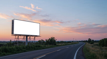 A deserted street scene with a large empty billboard under a blue sky at sunset.