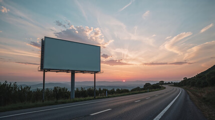 A deserted street scene with a large empty billboard under a blue sky at sunset.